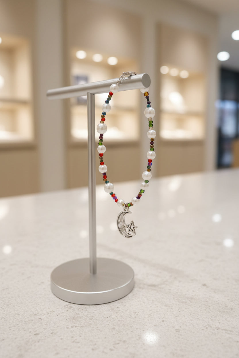 Bracelet - Faux Pearls with Multicolored Seed Spacer Beads & Moon Star Charm - 7"
