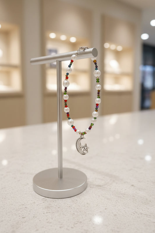 Bracelet - Faux Pearls with Multicolored Seed Spacer Beads & Moon Star Charm - 7"