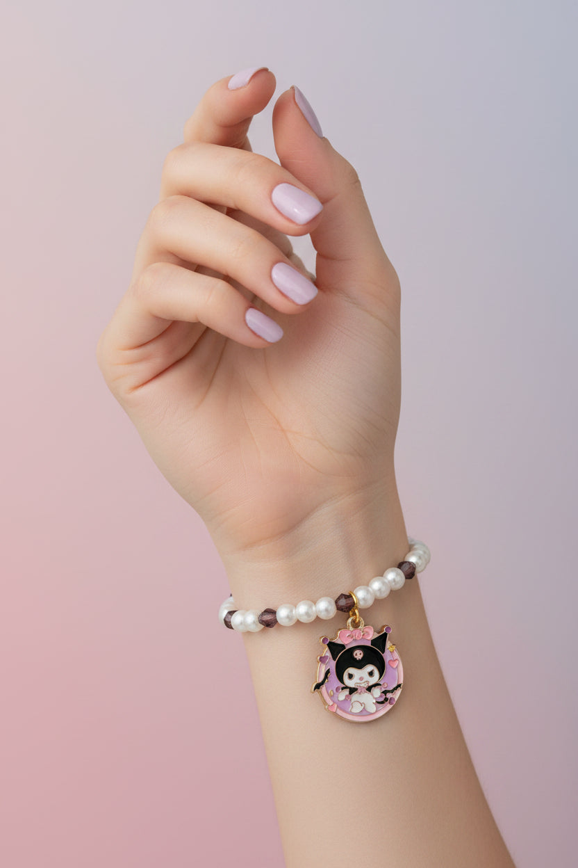 Bracelet - Faux Pearls with Purple Faceted Beads & Kuromi Charm - 7.5"