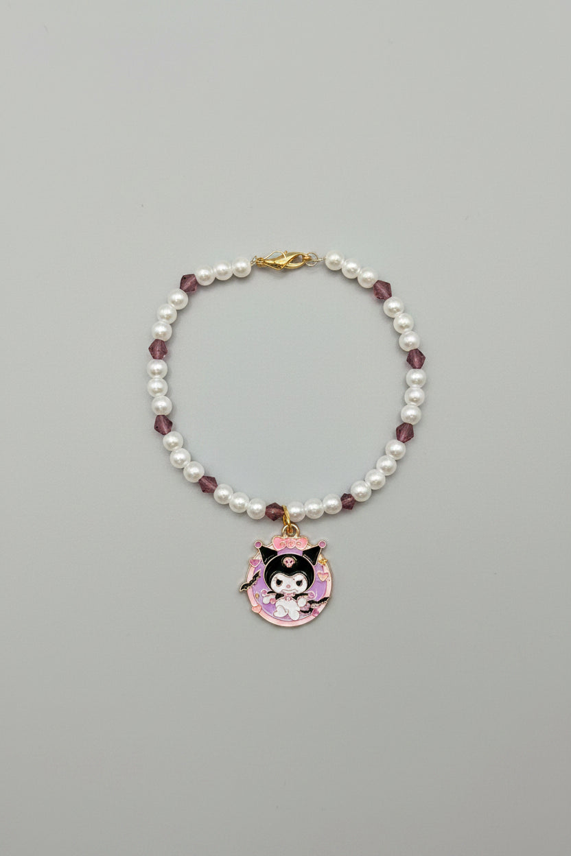 Bracelet - Faux Pearls with Purple Faceted Beads & Kuromi Charm - 7.5"