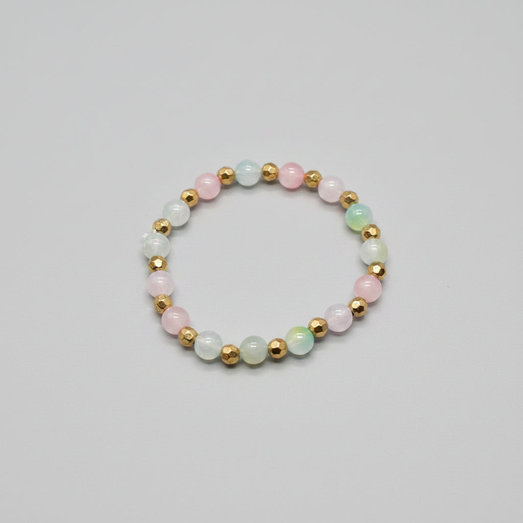 Bracelet - Stretch - Multi Colored Round Beads with Gold Tone faceted Beads