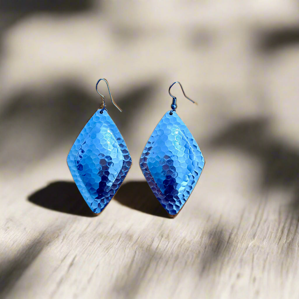 Earrings - Diamond Shaped Silvertone Hammered Effect