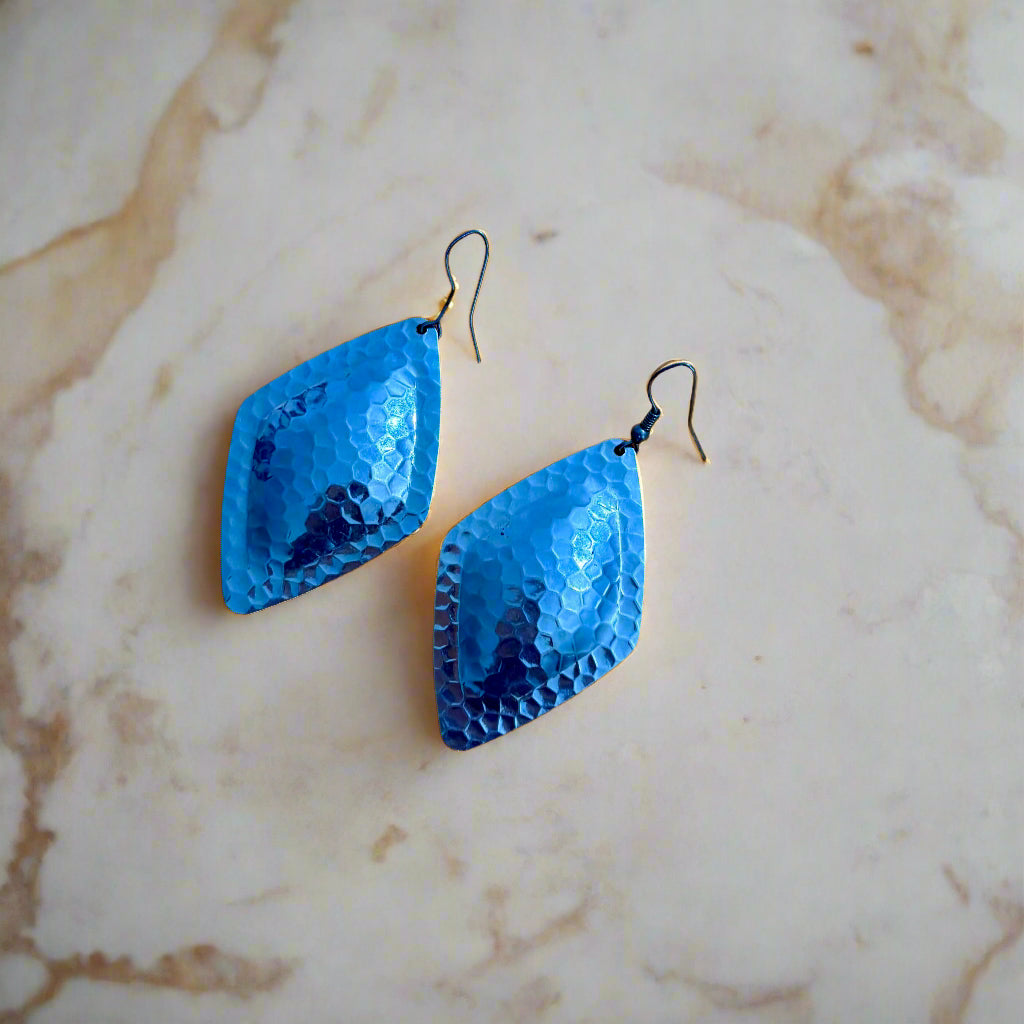 Earrings - Diamond Shaped Silvertone Hammered Effect