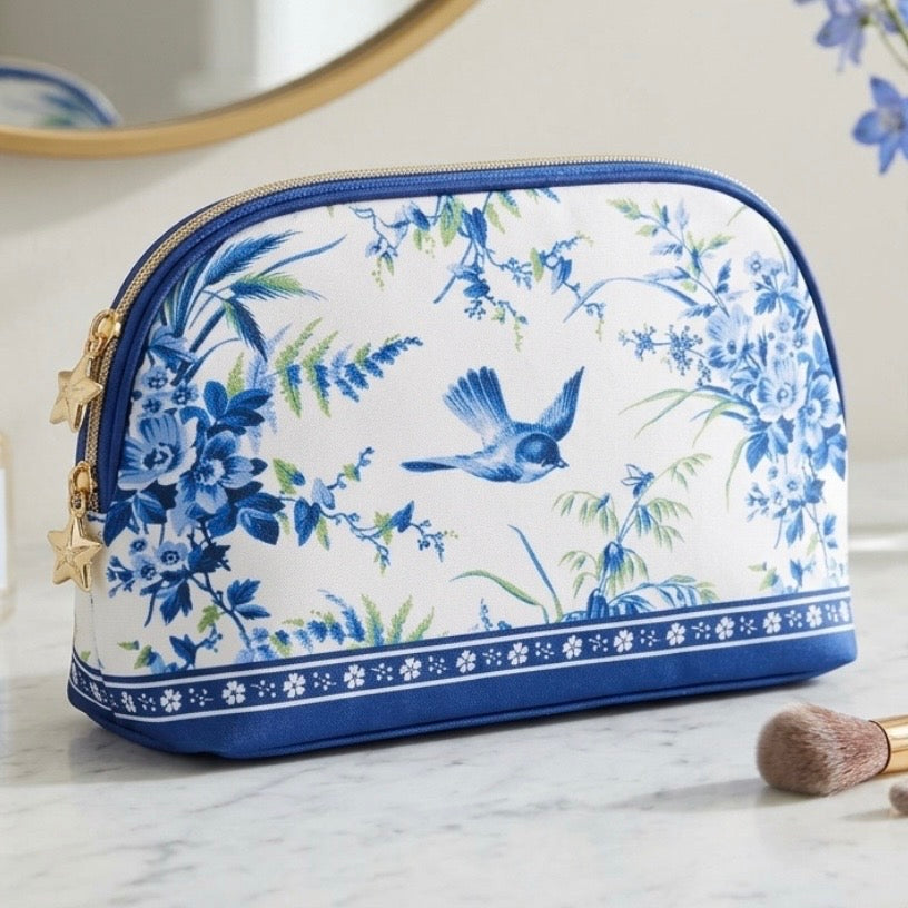 Cosmetic Bag - Estee Lauder - Blue Floral & Songbird - Chinese Inspired