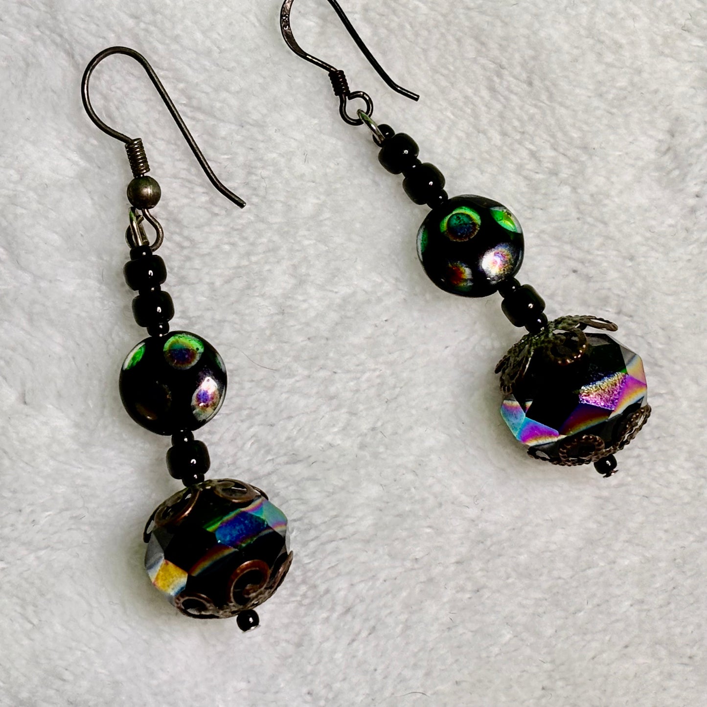 Earrings - Black Iridescent Rainbow Beads