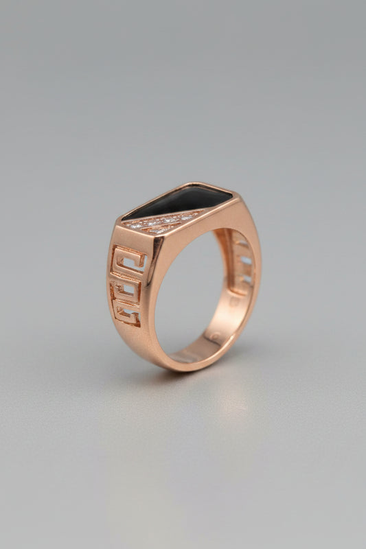 Ring -  Rose Gold - Men's Alloy with Black Onyx and Zircon Accents - Size 6