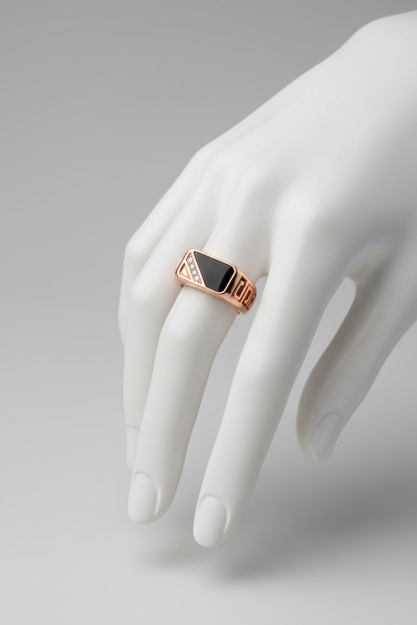 Ring -  Rose Gold - Men's Alloy with Black Onyx and Zircon Accents - Size 6