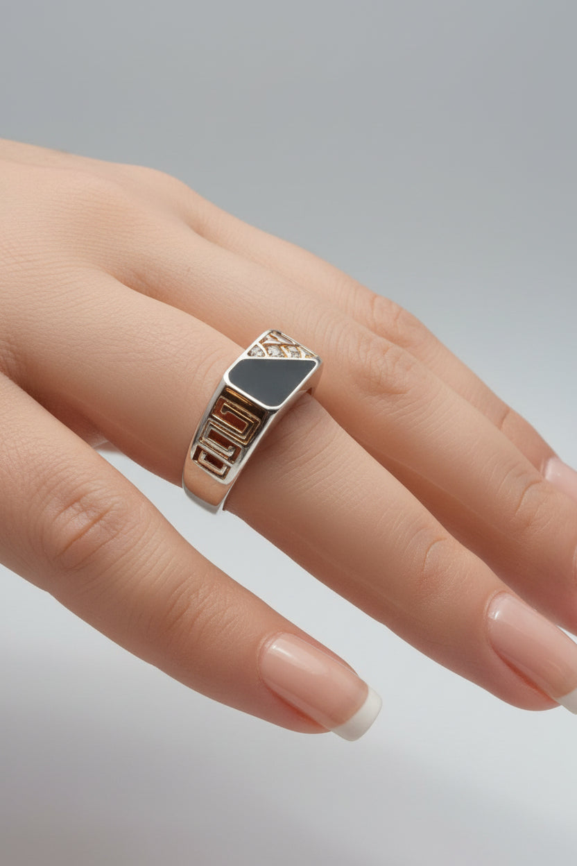 Ring -  Rose Gold - Men's Alloy with Black Onyx and Zircon Accents - Size 6