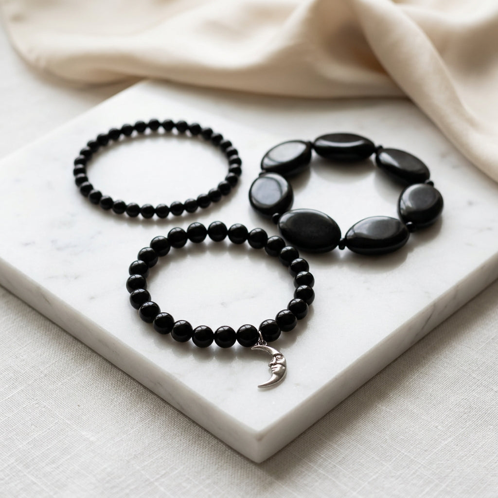 Bracelets - Vintage - Retro - 1980's - Set of 3 - Black Enamel  & Acrylic Beads