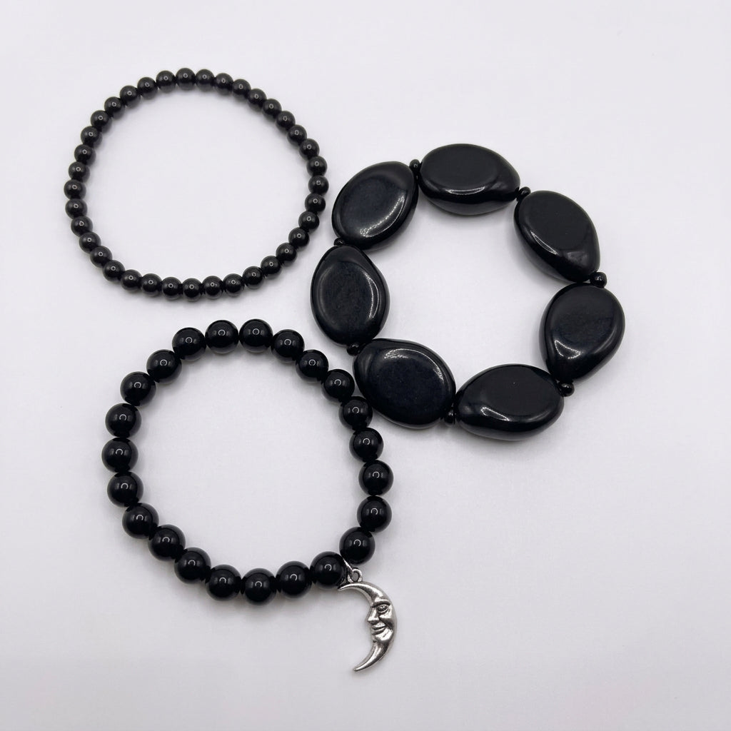 Bracelets - Vintage - Retro - 1980's - Set of 3 - Black Enamel  & Acrylic Beads