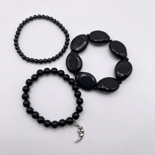 Bracelets - Vintage - Retro - 1980's - Set of 3 - Black Enamel  & Acrylic Beads