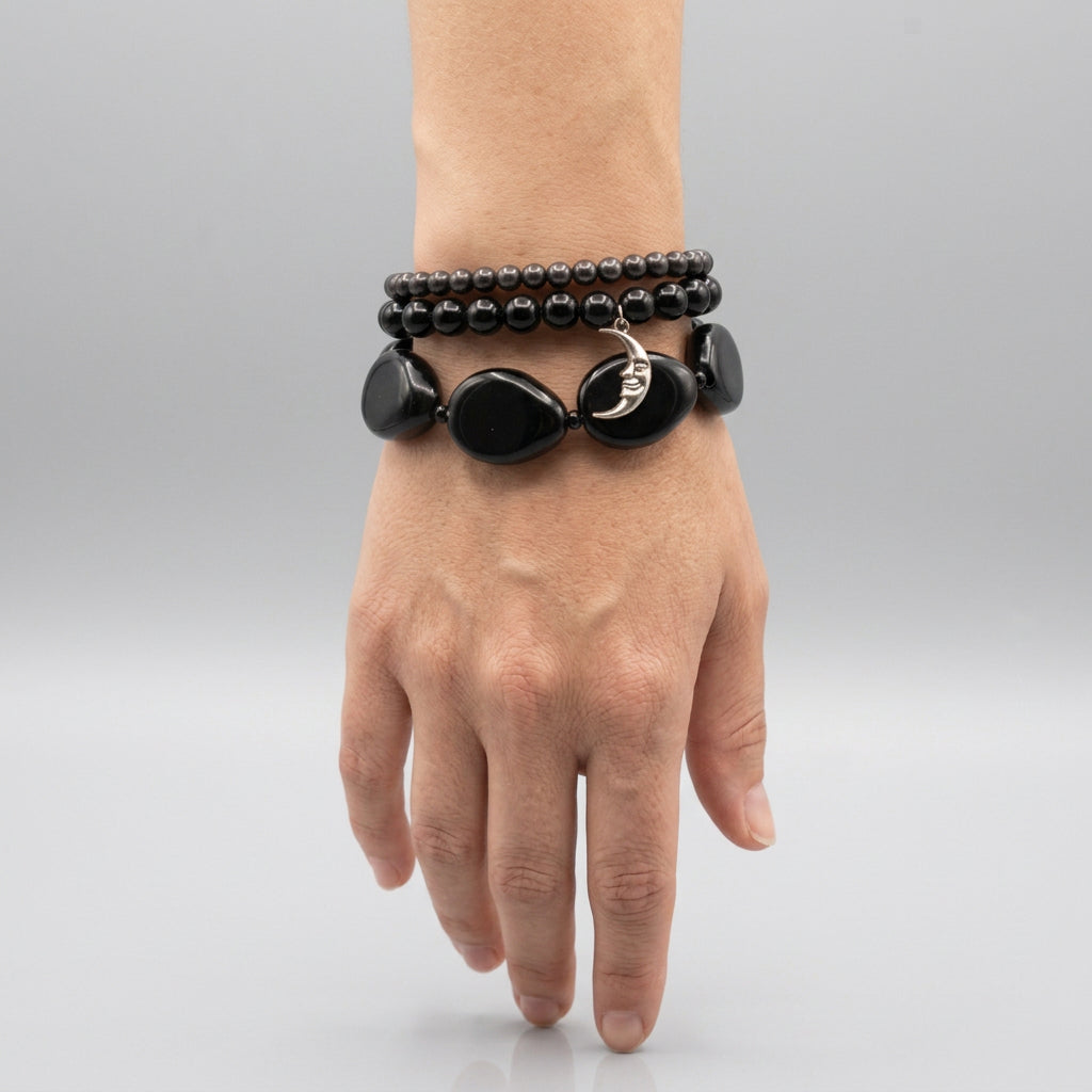 Bracelets - Vintage - Retro - 1980's - Set of 3 - Black Enamel  & Acrylic Beads