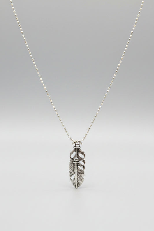 Necklace - Feather Shaped Pendant with Skull Motif
