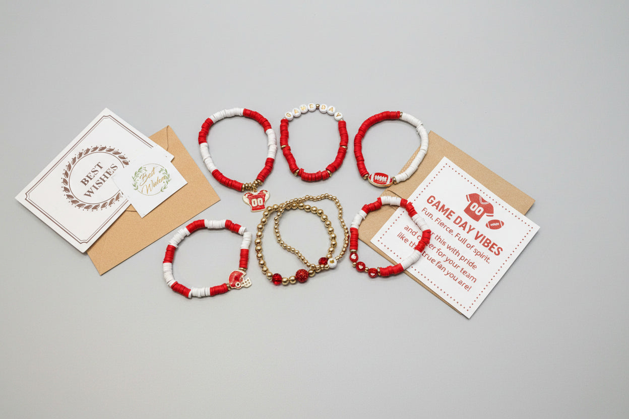 Bracelets - Stackable Red and White Game Day - Set of Seven