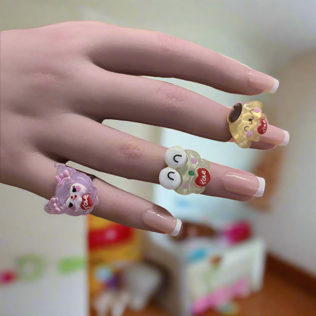 Children's Rings - Sanrio - Set of 3 - Pompompurin, Kuromi and Keroppi