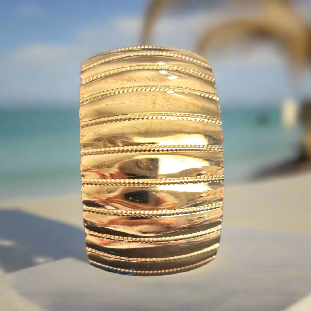 Bracelet - Golden Cuff  Ridged Texture Bangle