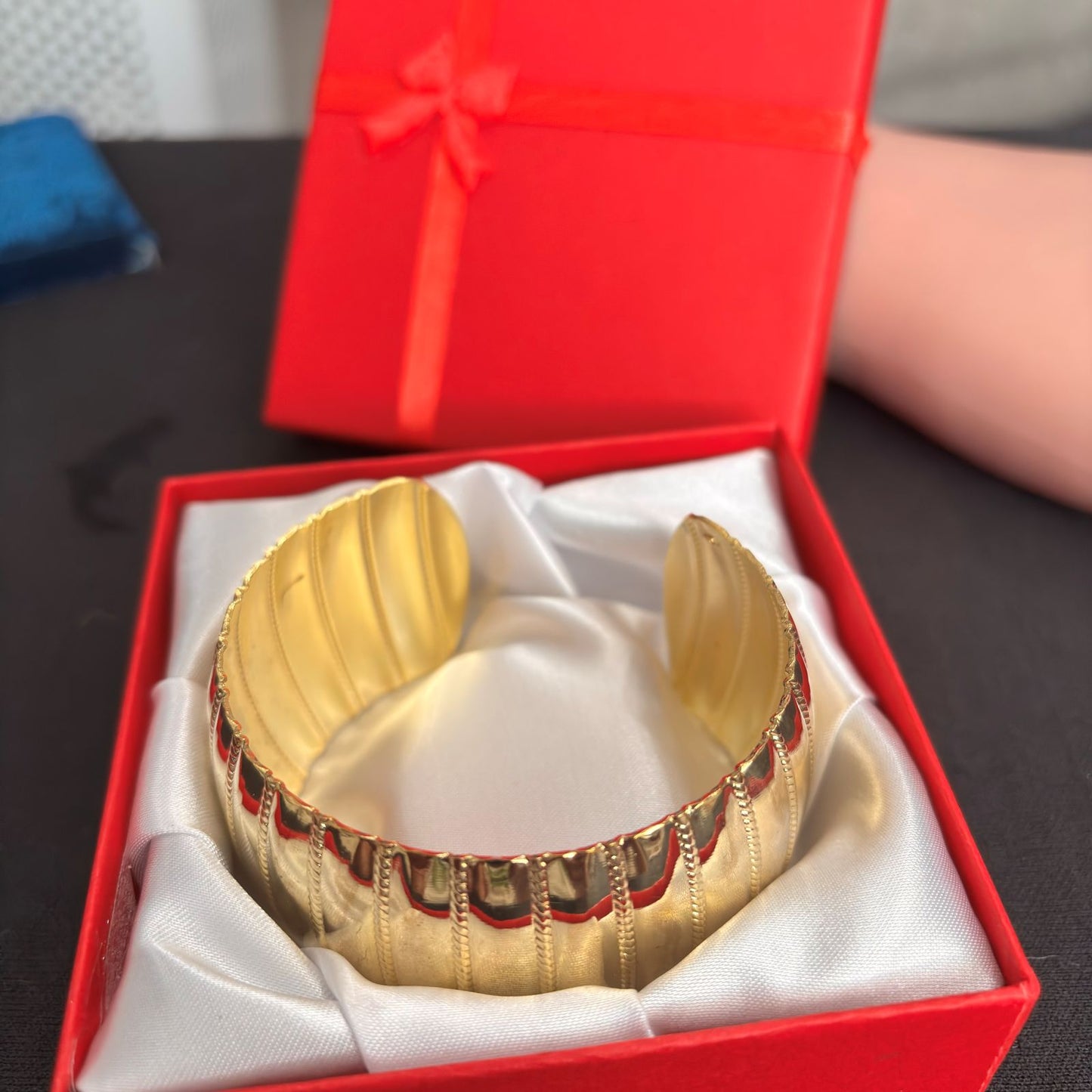 Bracelet - Golden Cuff  Ridged Texture Bangle