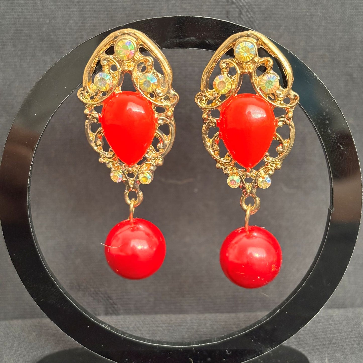 Earrings - Red Beaded Dangle Accented with Rhinestones