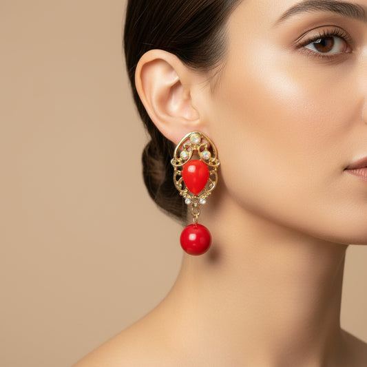 Earrings - Red Beaded Dangle Accented with Rhinestones