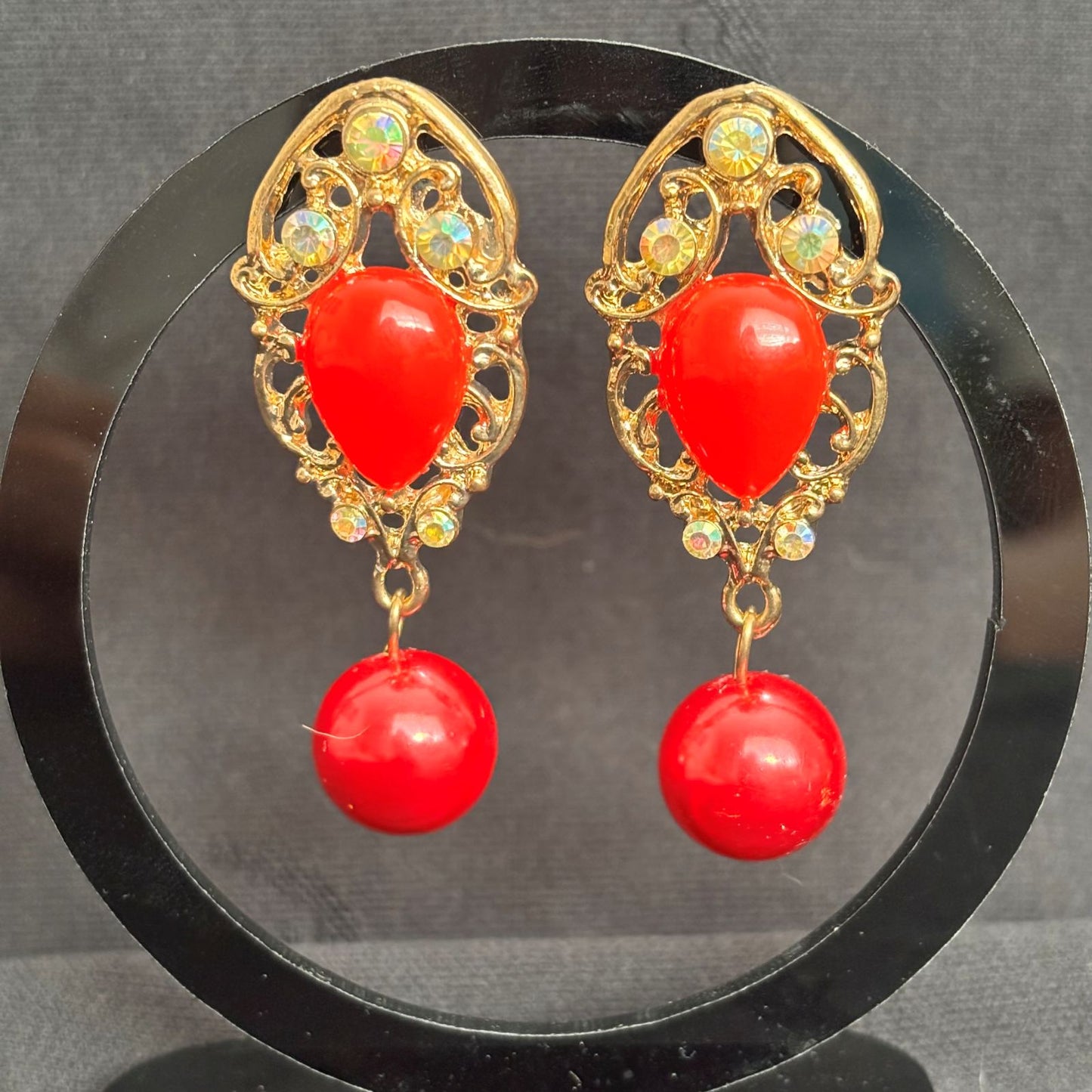 Earrings - Red Beaded Dangle Accented with Rhinestones
