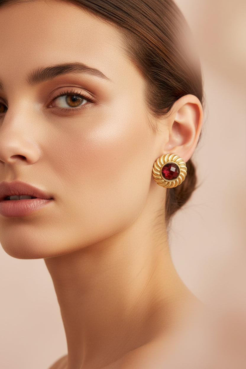 Earrings - Studded - Deep Red - Textured