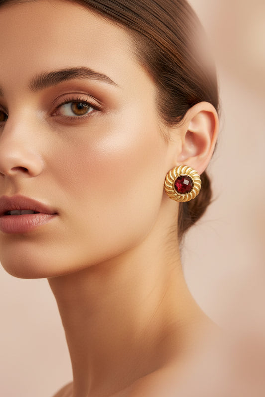 Earrings - Studded - Deep Red - Textured