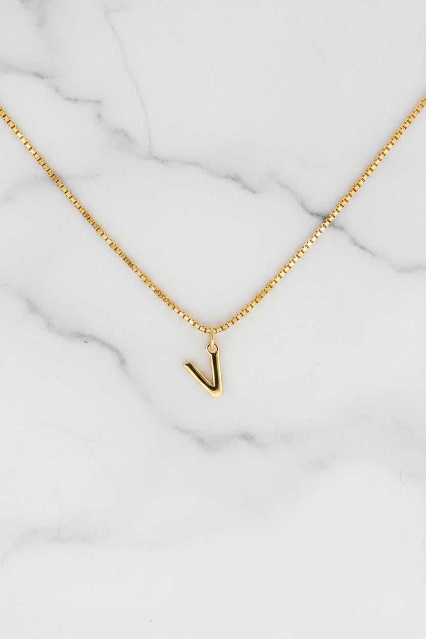 Necklace - "V" Initial Pendant with Box Chain Lobster Clasp