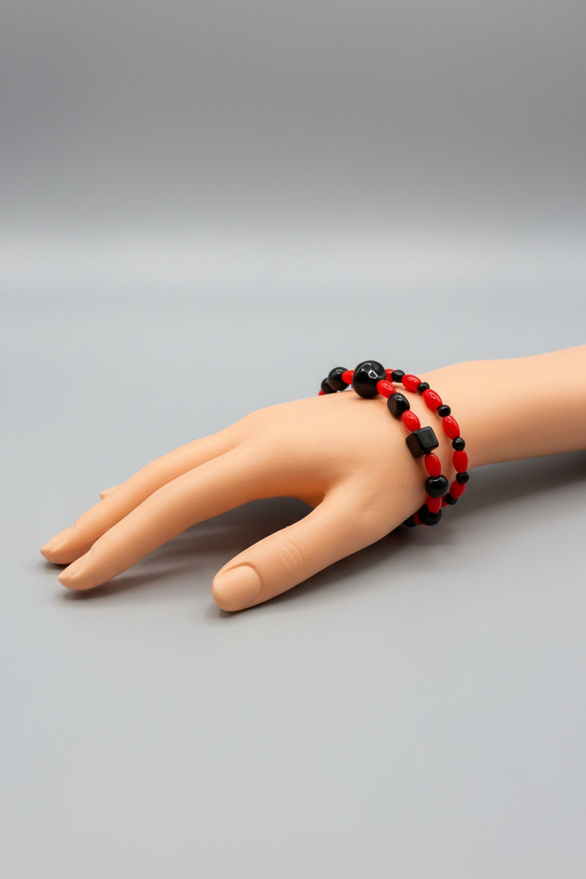 Bracelet - Set of 2 - Stretch Red & Black Beaded