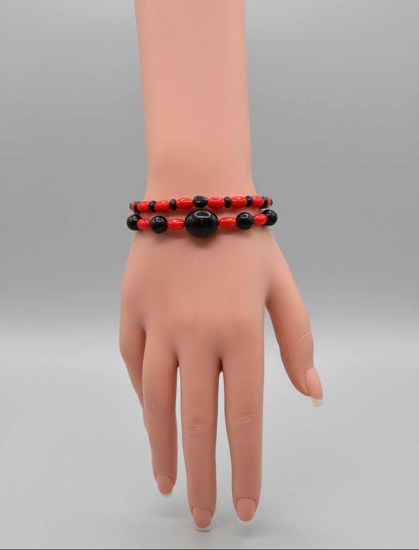 Bracelet - Set of 2 - Stretch Red & Black Beaded