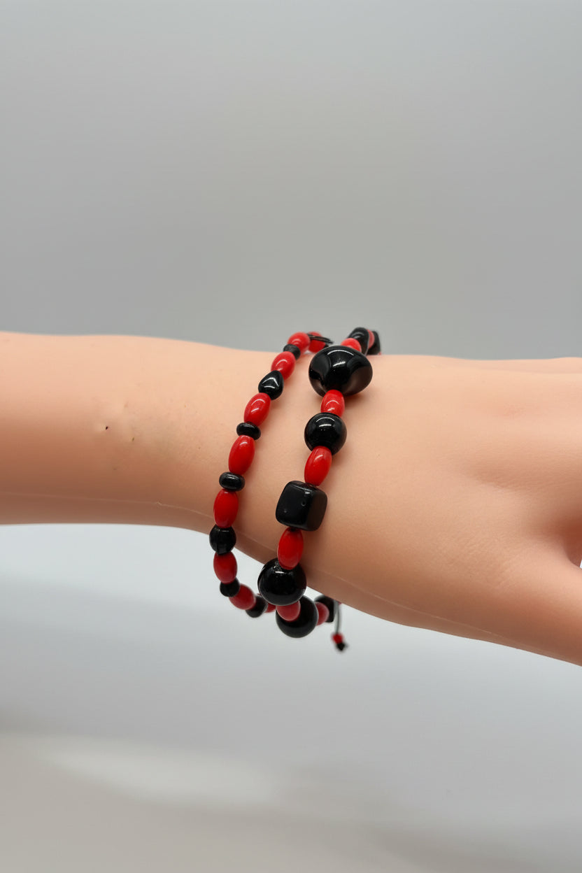 Bracelet - Set of 2 - Stretch Red & Black Beaded