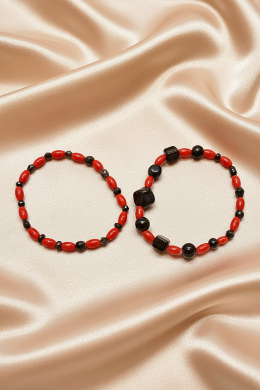 Bracelet - Set of 2 - Stretch Red & Black Beaded