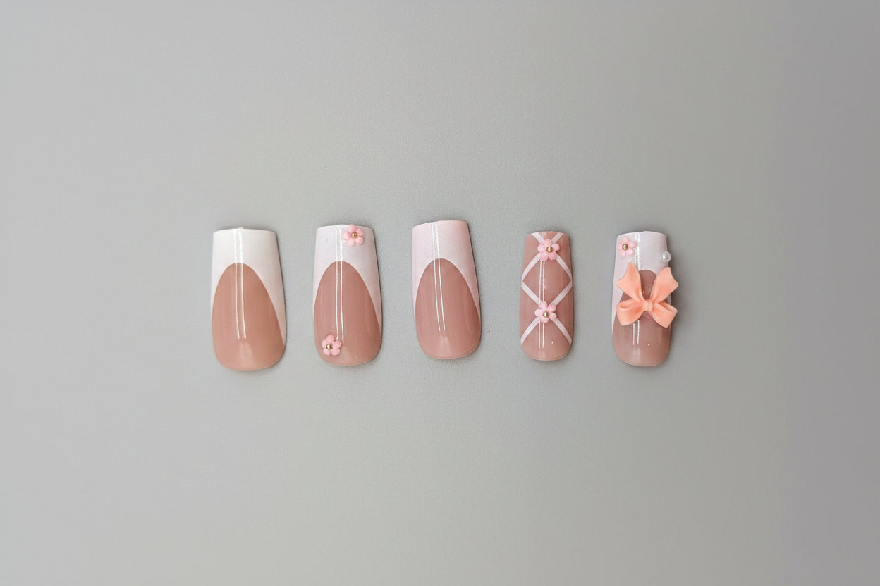 Press on Nails - Soft Peach Ribbon - Ballerina Coquette with 3D Bows and Floral Art - #1002 - incl. FREE Mystery Bracelet - RTS