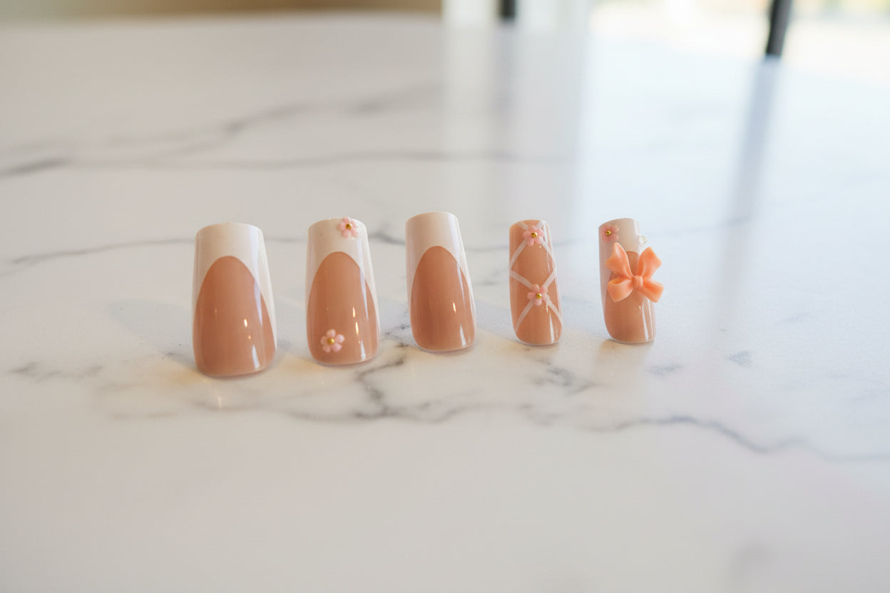 Press on Nails - Soft Peach Ribbon - Ballerina Coquette with 3D Bows and Floral Art - #1002 - incl. FREE Mystery Bracelet - RTS
