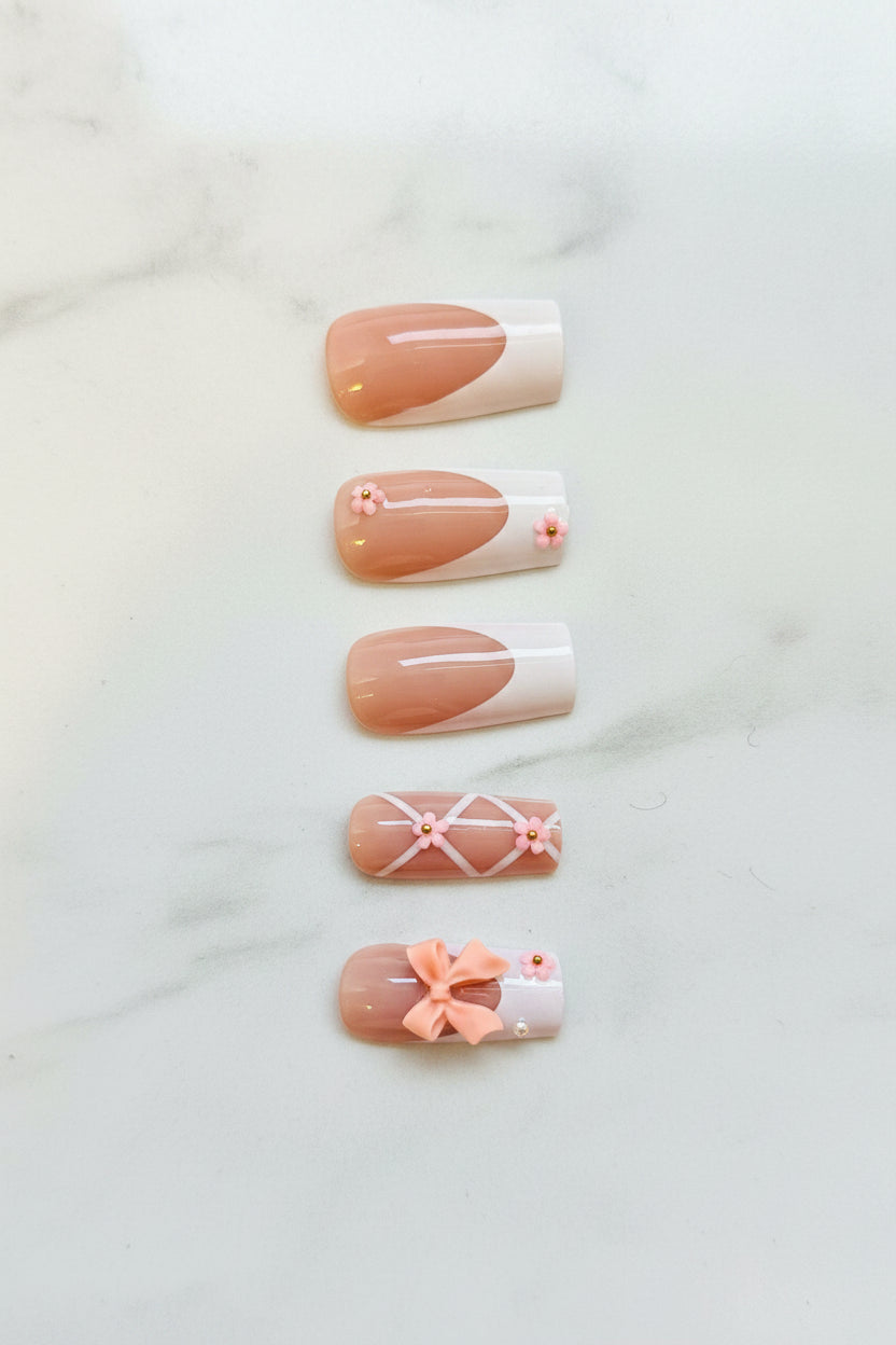 Press on Nails - Soft Peach Ribbon - Ballerina Coquette with 3D Bows and Floral Art - #1002 - incl. FREE Mystery Bracelet - RTS