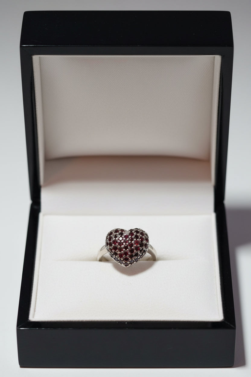 Ring - Heart Shaped Pave Cluster with Red Garnets - Size 6.5