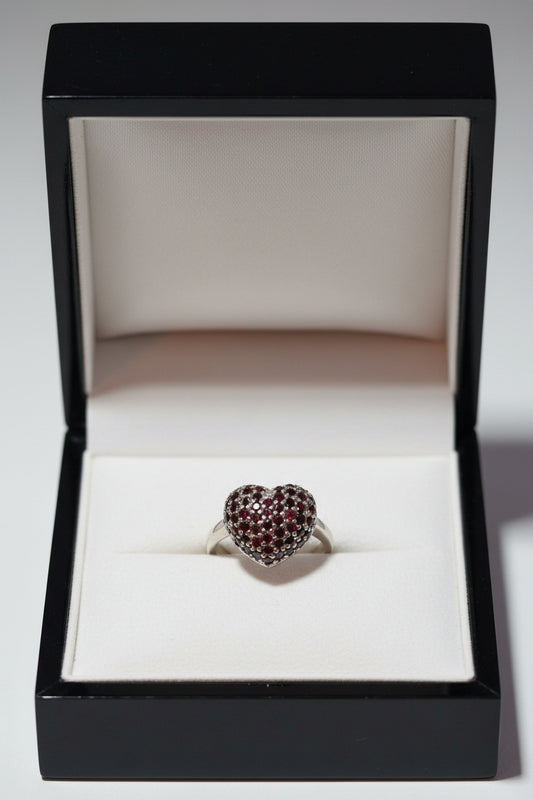 Ring - Heart Shaped Pave Cluster with Red Garnets - Size 6.5