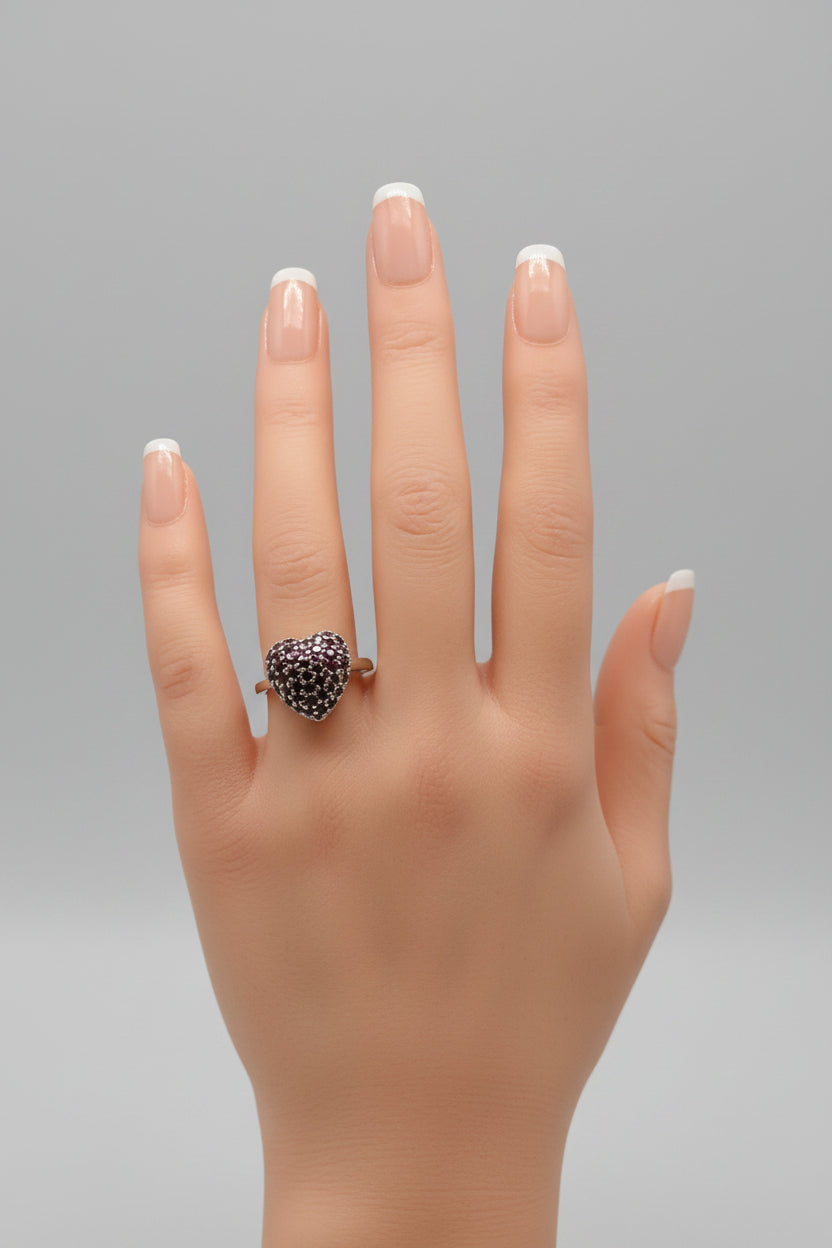 Ring - Heart Shaped Pave Cluster with Red Garnets - Size 6.5