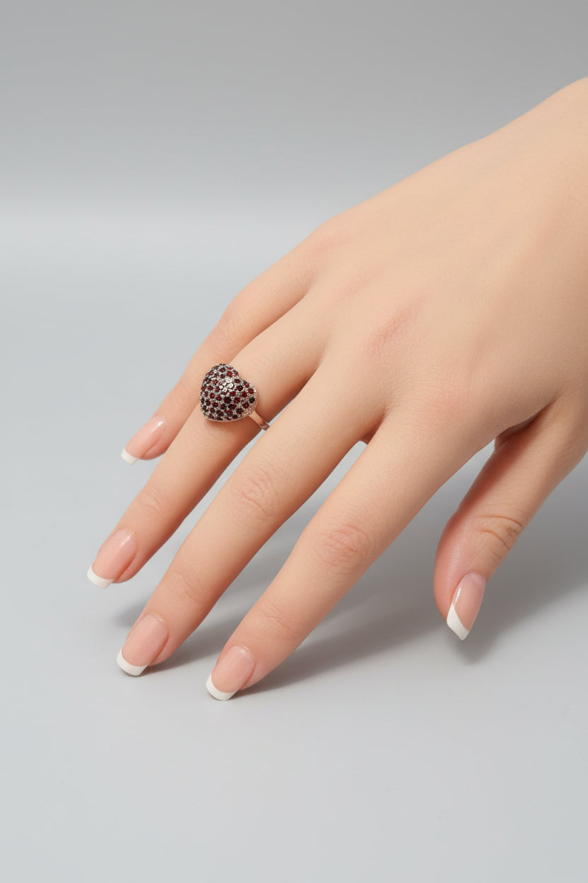 Ring - Heart Shaped Pave Cluster with Red Garnets - Size 6.5
