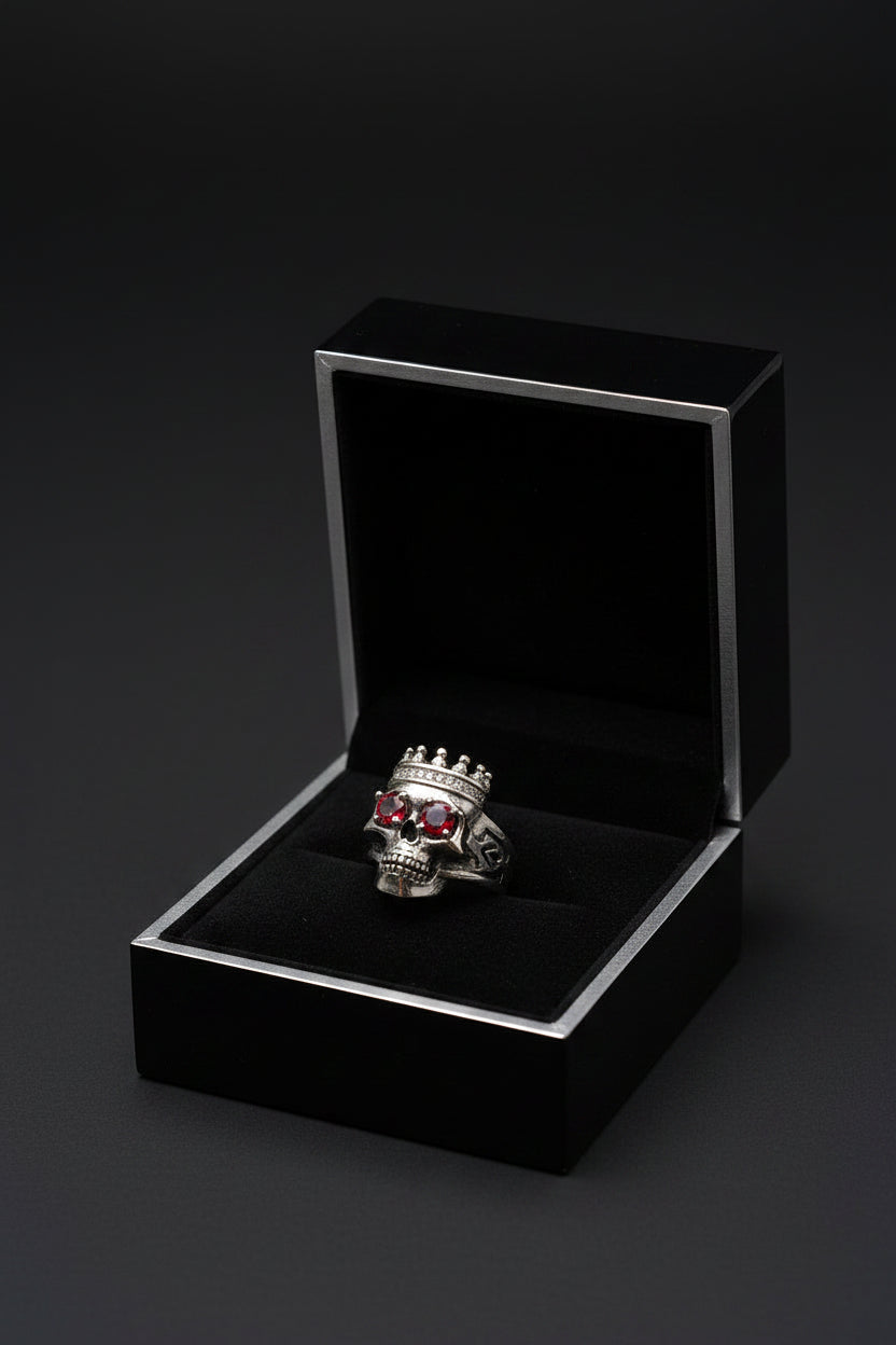 Ring - Silver Tone Skull with Crown and Red Gem Eyes - Size 10