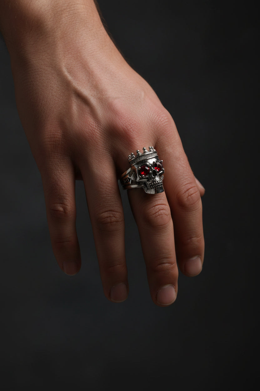 Ring - Silver Tone Skull with Crown and Red Gem Eyes - Size 10
