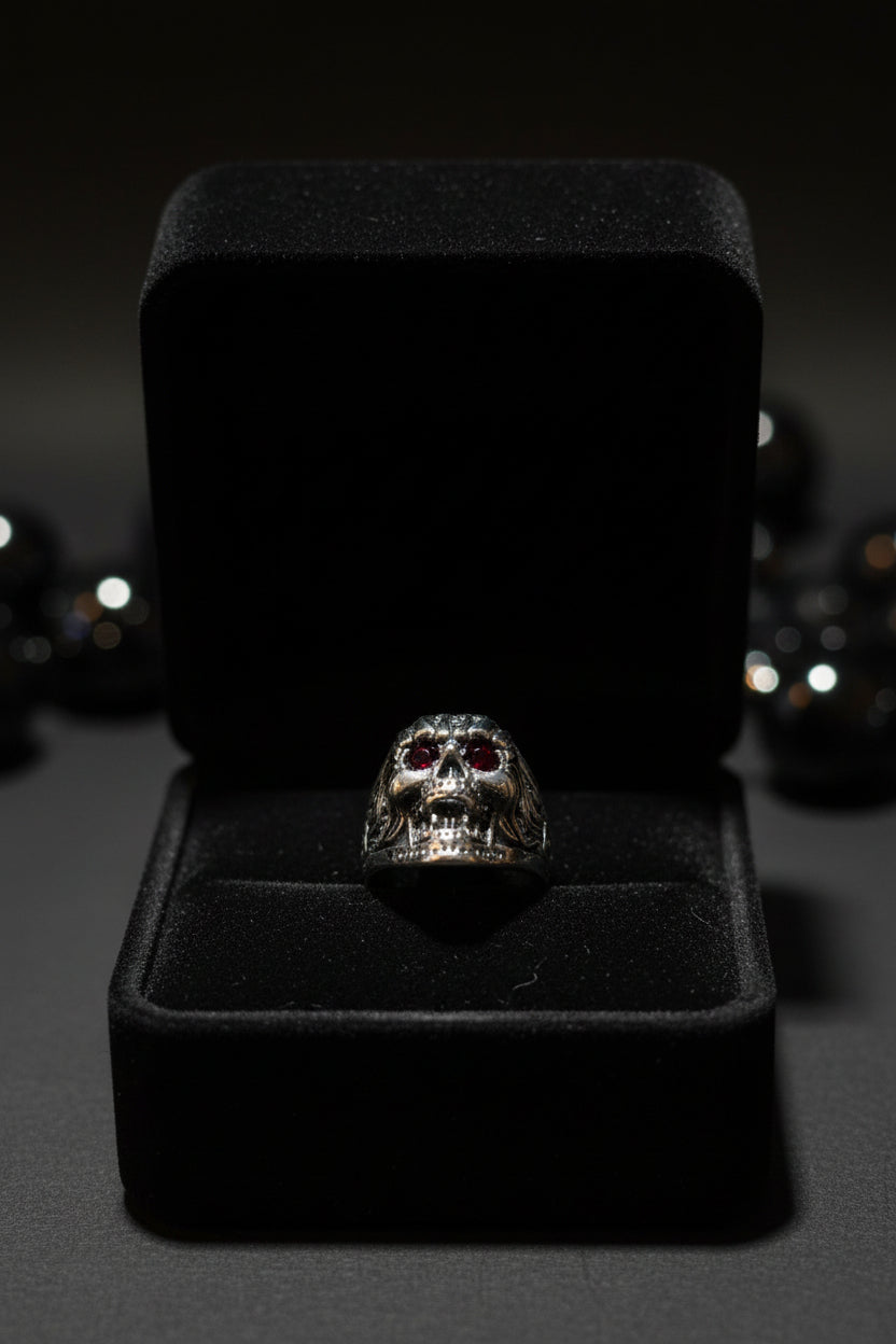 Ring - Silver Tone Skull with Red Gem Eyes - Size 10