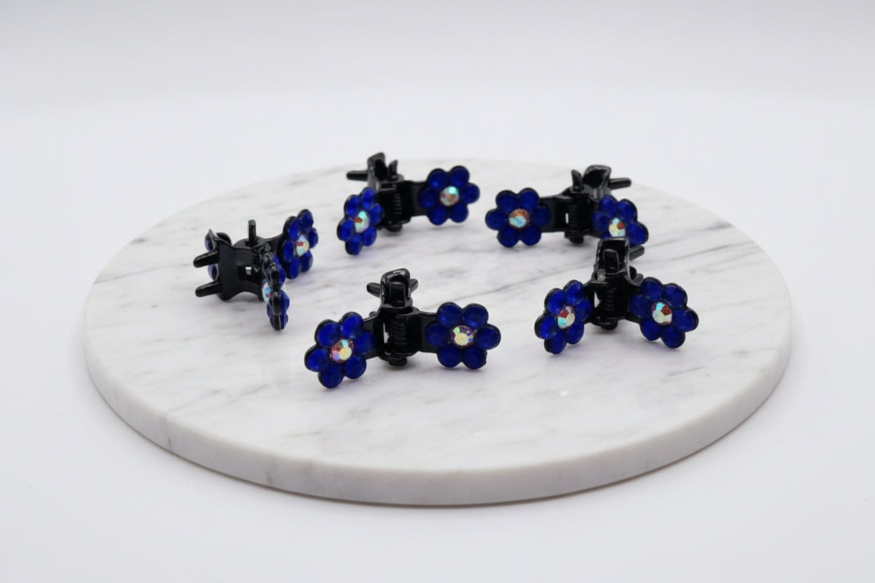 Mini Hair Claws - Blue and Iridescent Flower Gems - Set of 5