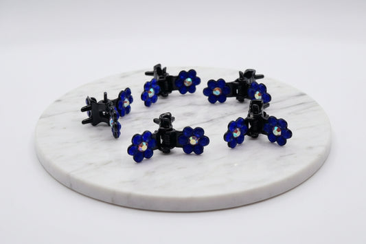 Mini Hair Claws - Blue and Iridescent Flower Gems - Set of 5