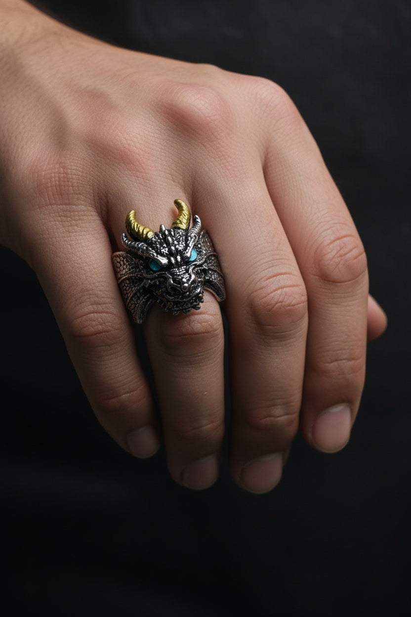 Ring - Dragon Head with Blue Enamel Eyes - Size 8