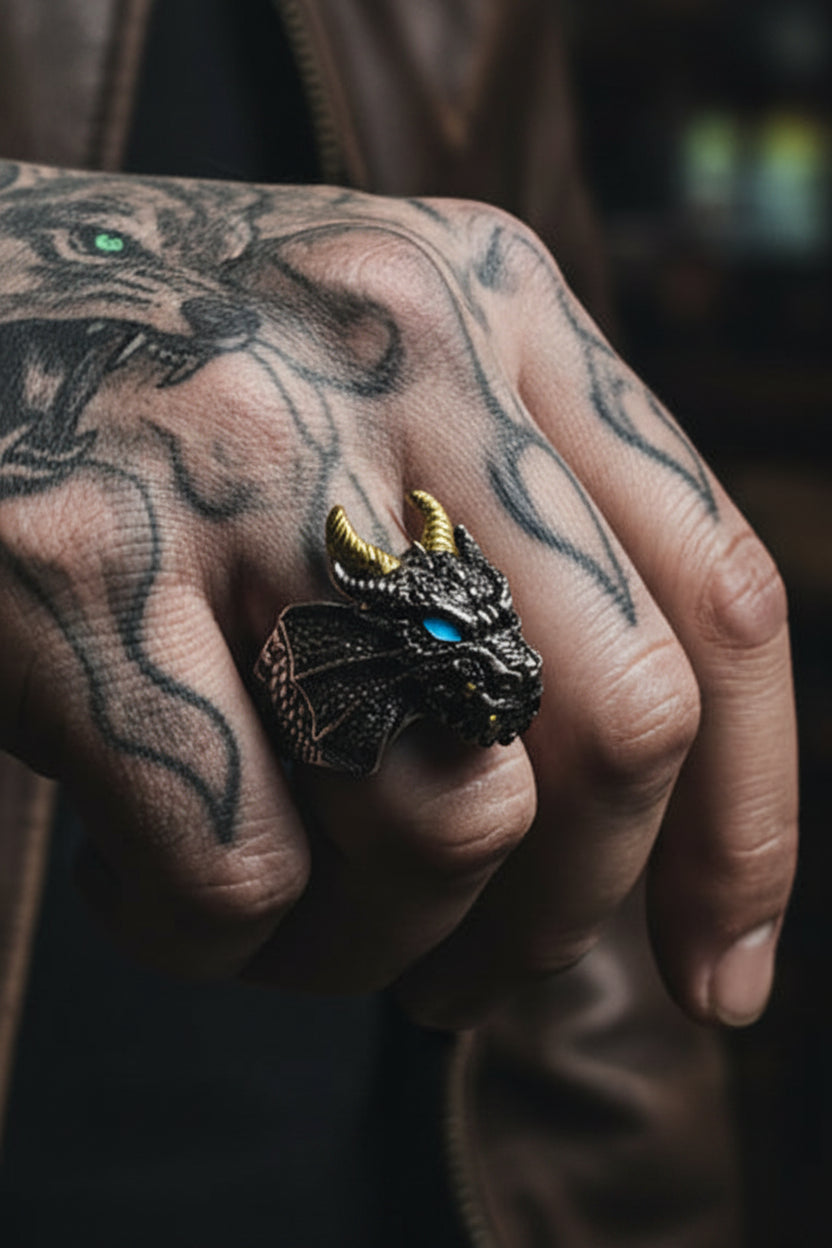 Ring - Dragon Head with Blue Enamel Eyes - Size 8