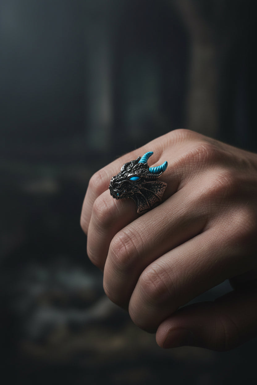 Ring - Dragon Head with Blue Enamel Eyes - Size 8