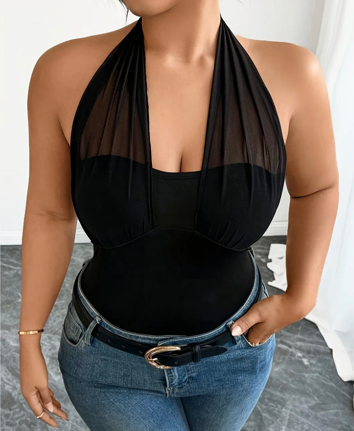 Ladies Top - Halter with Mesh Detail - Black Mesh