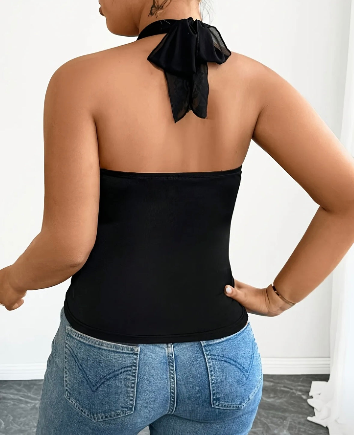 Ladies Top - Halter with Mesh Detail - Black Mesh