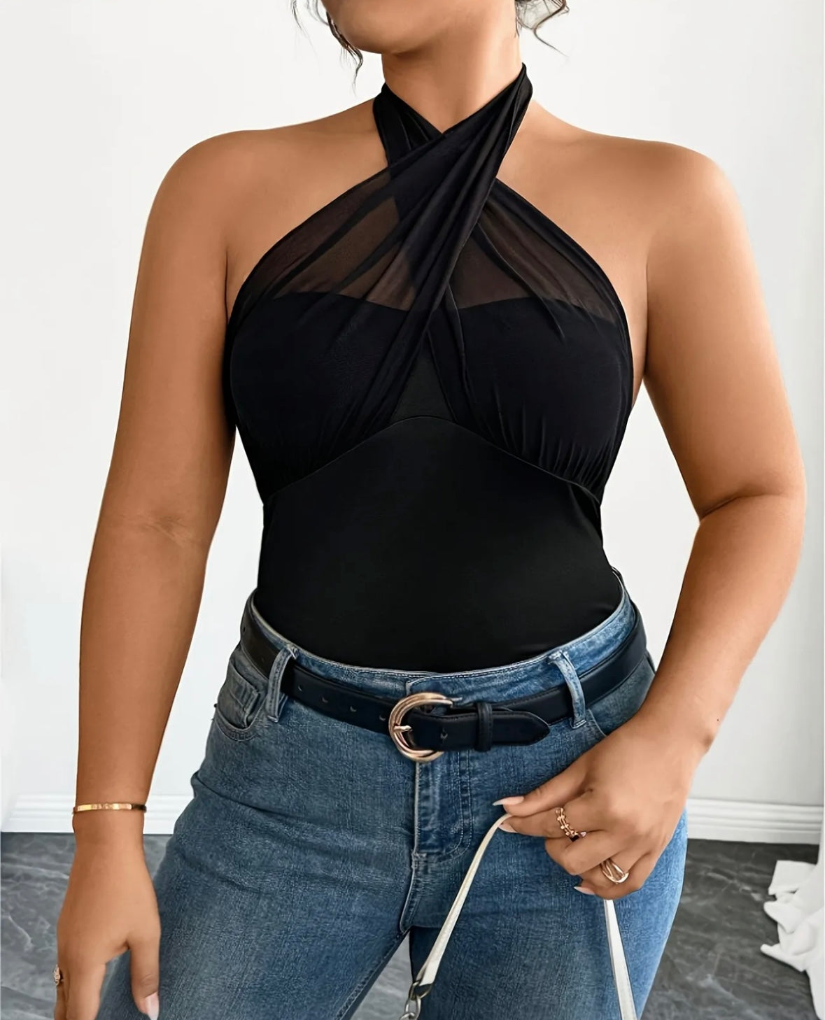Ladies Top - Halter with Mesh Detail - Black Mesh