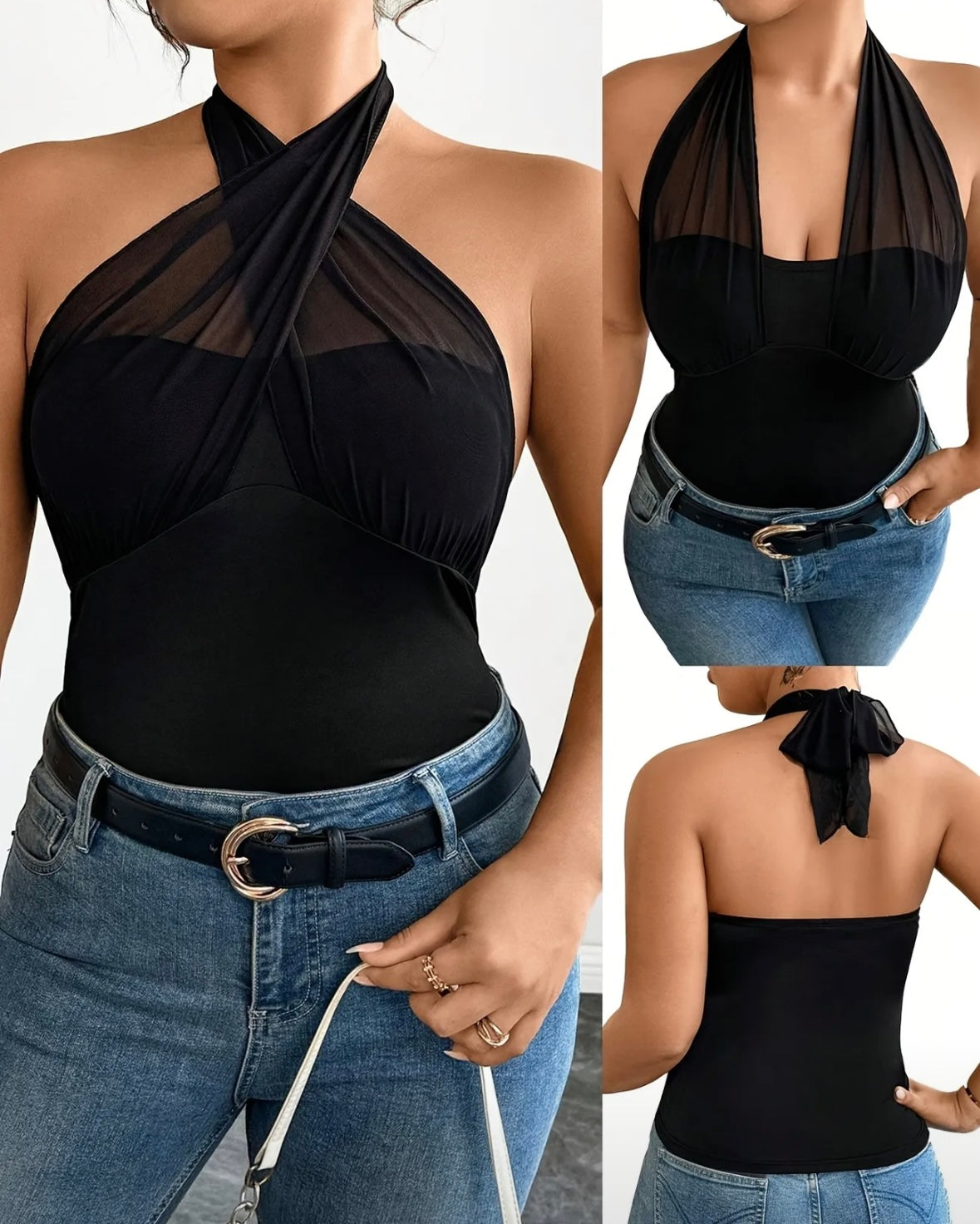 Ladies Top - Halter with Mesh Detail - Black Mesh